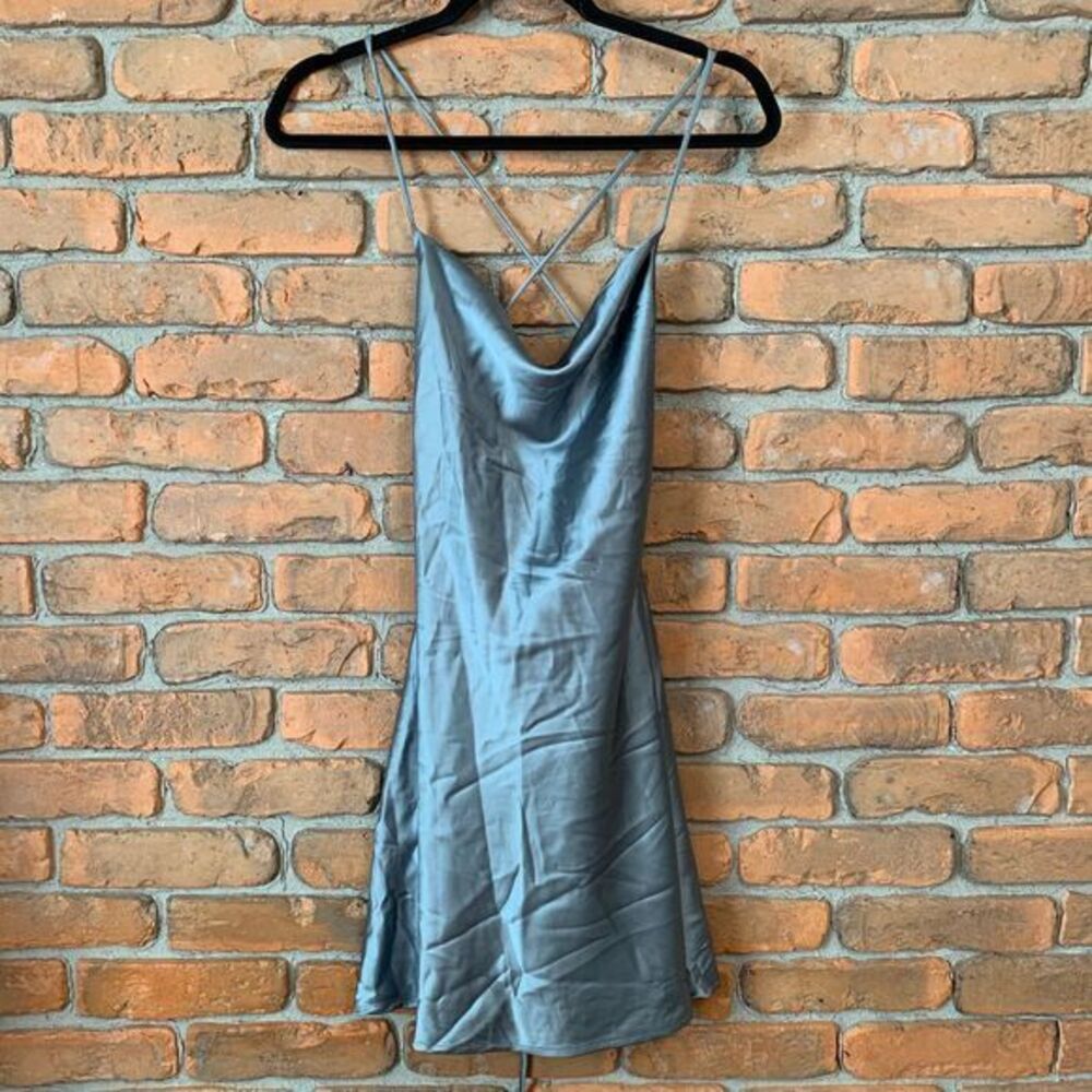 Le Lis Women XS Dress Sage Green Satin Cowl Mini Strappy Back Party Cocktail NWT